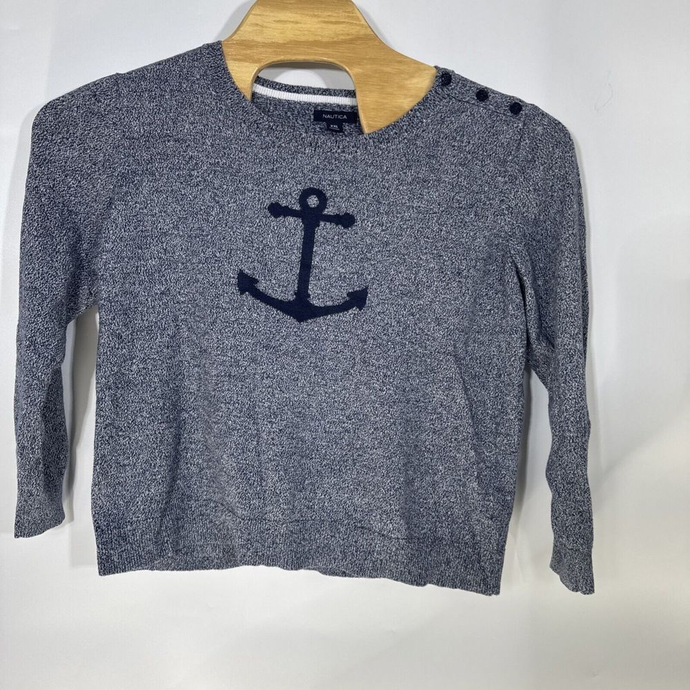 Nautica Womens XXL Marled Blue Cotton Anchor Knit Sweater Button Shoulder